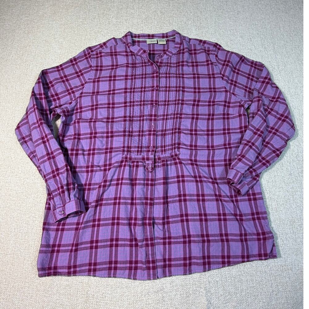 LL Bean Women Large Maroon Plaid Flannel Pintuck Button Front Long Sleeve Shirt